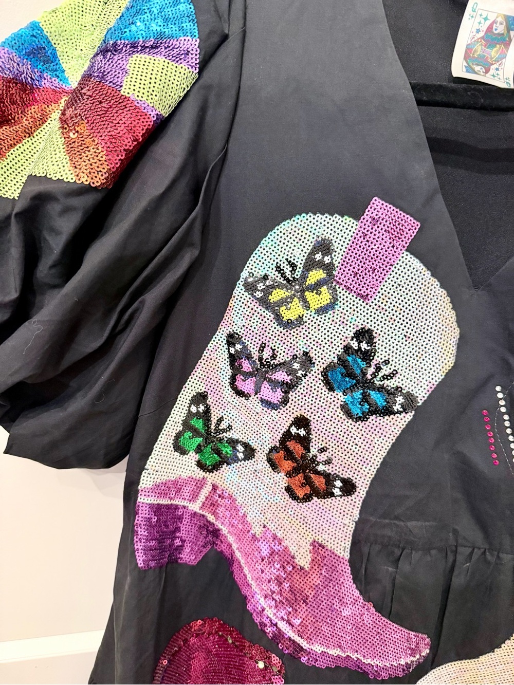 QUEEN OF SPARKLES Black Mini Dress with Multicolor Sequin Boot Motifs - Picture 3 of 4